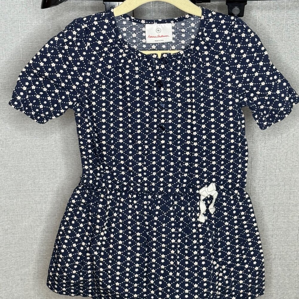 Hanna Anderson - Girls Short Sleeve Flower Button Dress - Size 90 = 2T